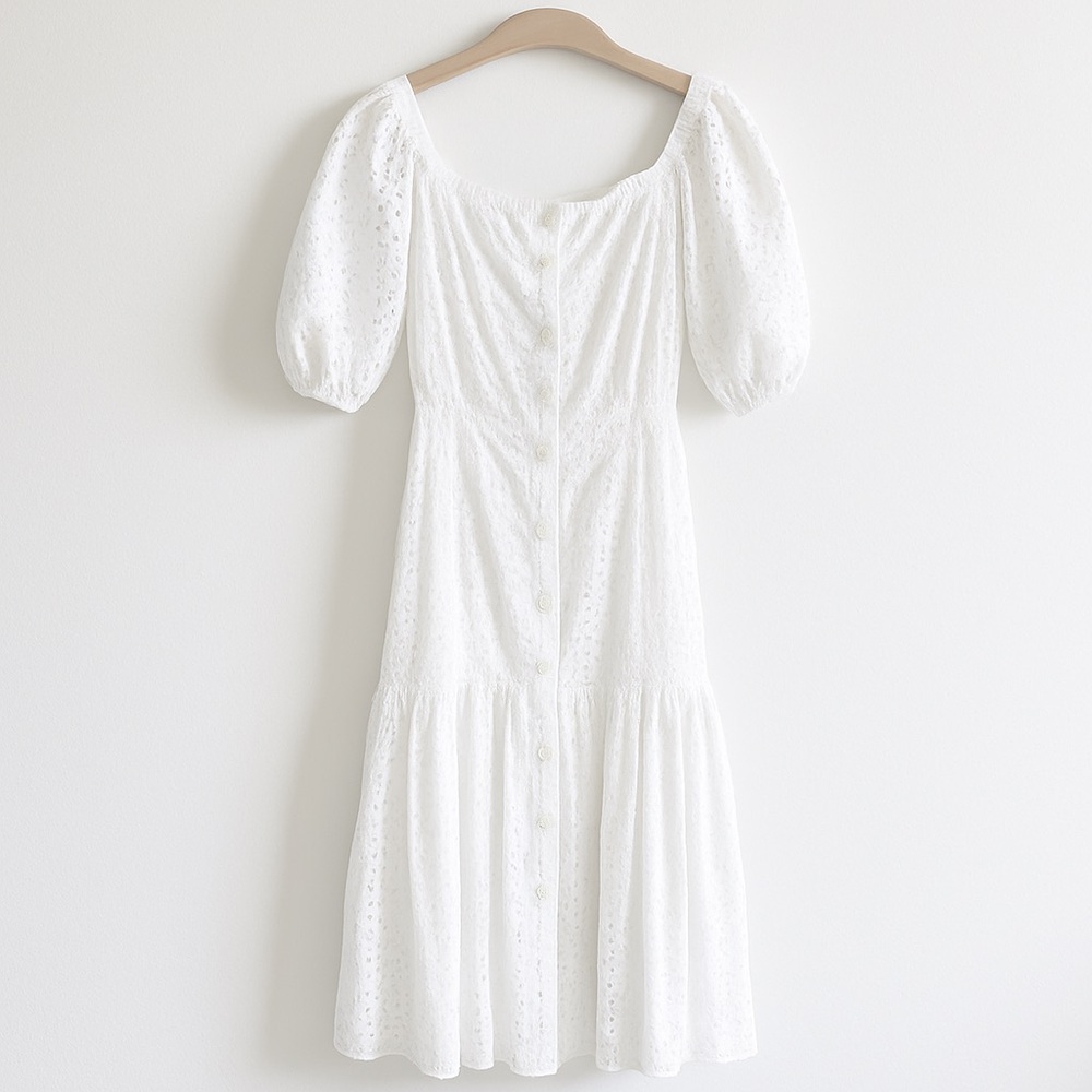 Veronica Beard White Eyelet Midi Dress Size 2 | Puff Sleeve Button Front